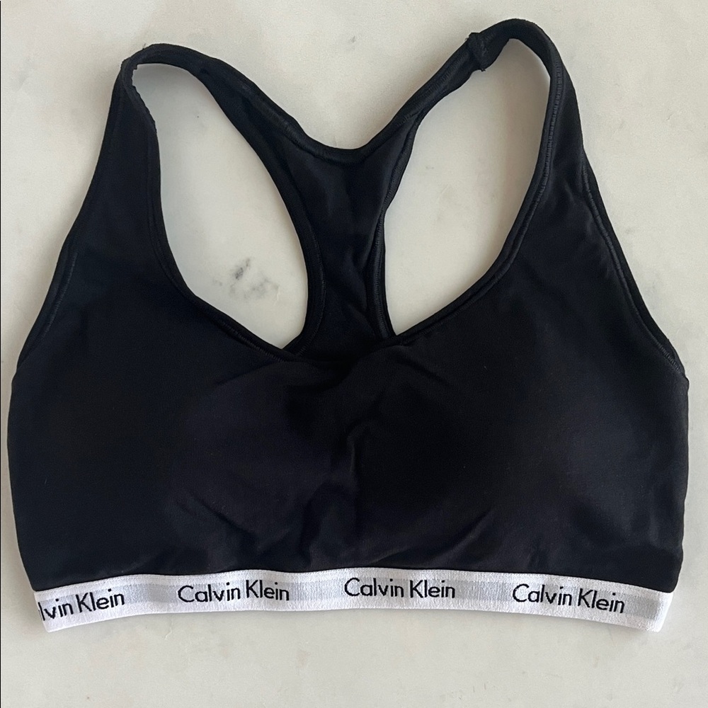 Calvin Klein Sports Bra Medium Black White Cotton Racerback Logo Band